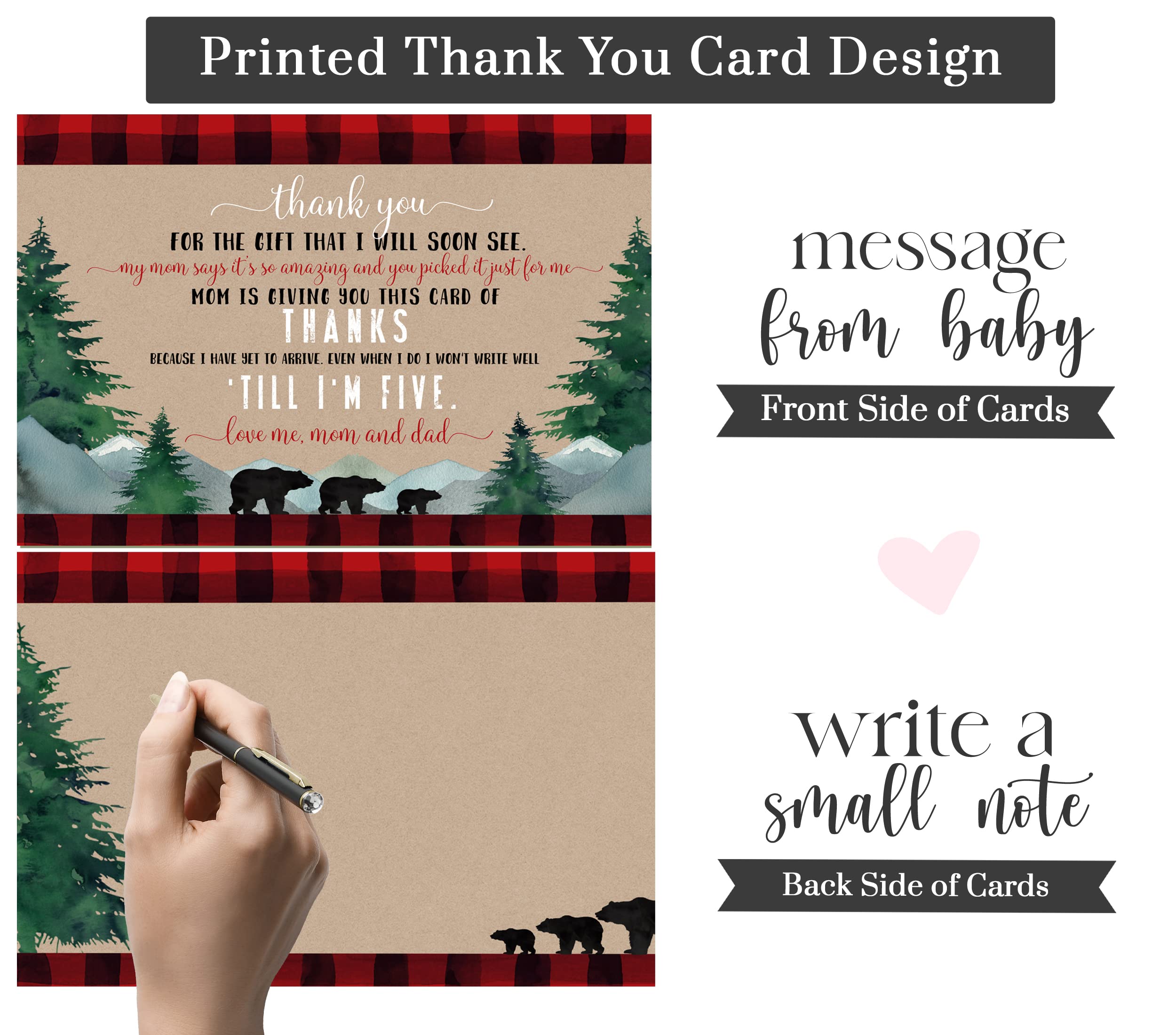 Lumberjack Baby Shower Thank You Cards (15 Pack) Prefilled Note from Boy – Individual Notecards with Envelopes – Say Thanks for Babies Registry Gifts – Red and Black Theme Bear – 4x6 Blank Set