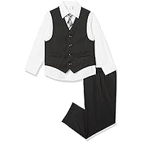 Van Heusen Boys' 4-Piece Formal Suit Set, Vest, Pants, Collared Dress Shirt, and Tie, Black/Red Stripe, 3T
