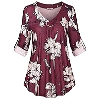 Hibelle Women's Roll-up Long Sleeve Tunic Tops Solid/Stripe/Floral V Neck Casual Blouses Shirts