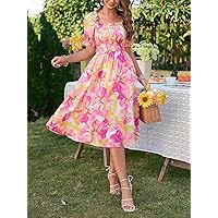 Dresses for Women Allover Floral Print Frill Trim Flounce Sleeve -line Dress (Color : Pink, Size : X-Large)