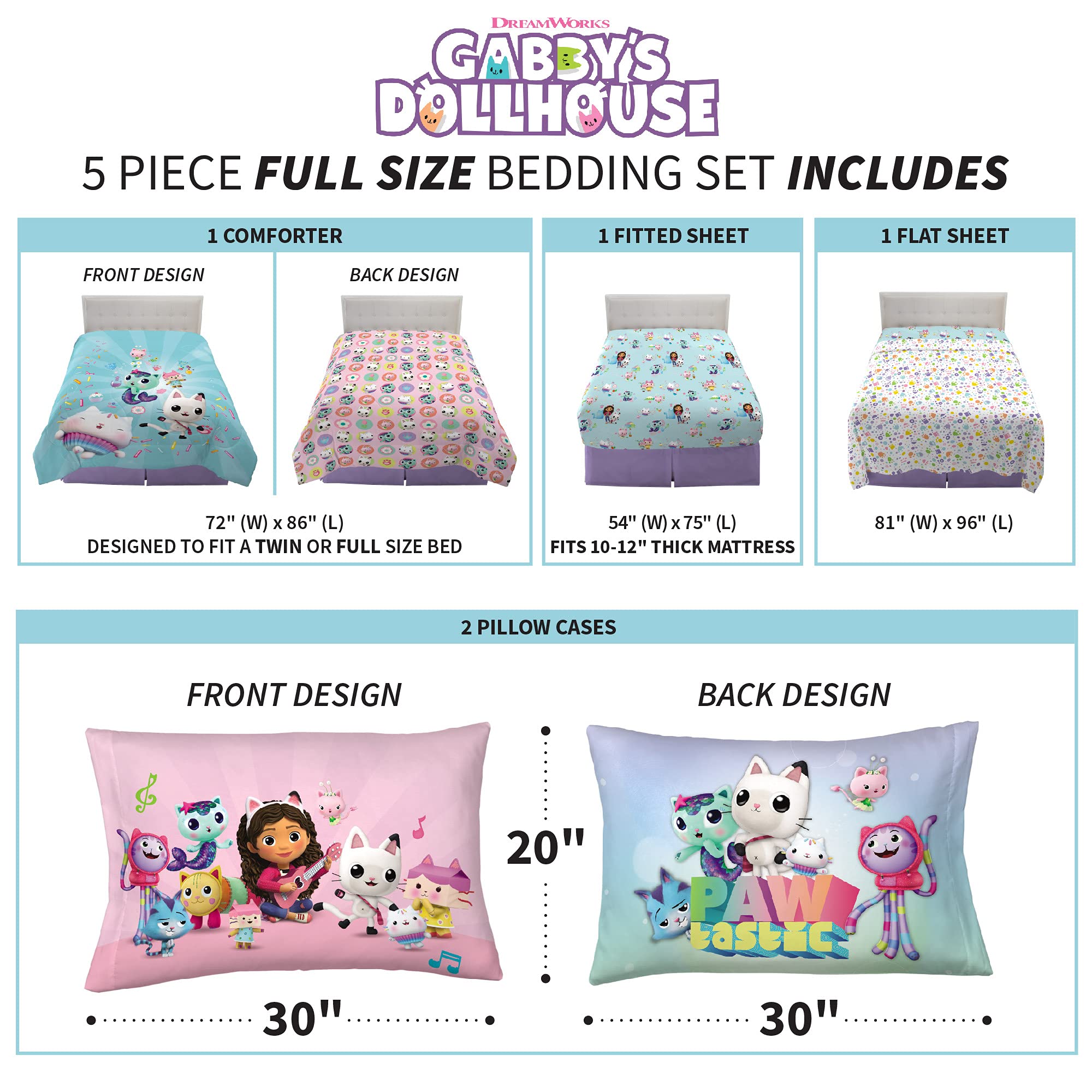DreamWorks Gabby's Dollhouse Cakey, MerCat And Pandy Kids Bedding Super Soft Comforter And Sheet Set, 5 Piece Full Size, By Franco.