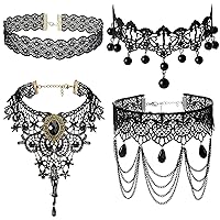 JewelryWe Jewellery 4 Pieces Choker Collar Necklace Set Black Velvet Stretch Vintage Gothic Tassels Tattoo Lace Collar Choker Necklaces Chains for Halloween Party Cosplay Women Girls Gift, Resin Lace