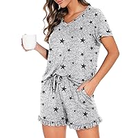 PrinStory Womens Pajamas Set Lounge Sets Short Sleeve Sleepwear Soft Pjs Shorts Set with Pockets