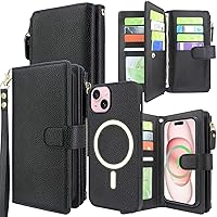 Harryshell Detachable Magnetic Case Wallet for iPhone 15/14 / 13 Compatible with MagSafe Wireless Charging Multi Card Slots Protective Phone Cover Cash Coin Zipper Pocket Wrist Strap (Black)