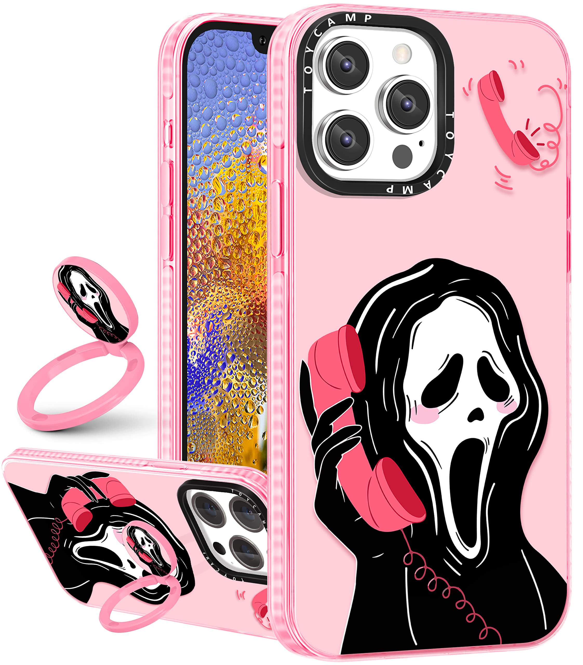 Toycamp for iPhone 12 Pro Max Case for Women, Cute Ghost Design Girls Teens Elegant Print Case with Ring Kickstand Cover for iPhone 12 Pro Max (6.7 Inch)