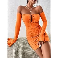 Fall Dresses for Women 2023 Off Shoulder Knot Front Ruched Bodycon Dress Dresses for Women (Color : Orange, Size : Medium)