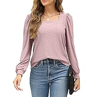 Womens Square Neck Tops Eyelet Long Sleeve Loose Casual Shirt Blouse