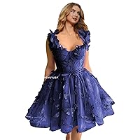 Womens Tulle Short Prom Dress 3D Butterflies Homecoming Dresses Lace Appliques Spaghetti Strap Cocktail Party Gowns