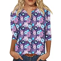 Women Tops V Neck Ethnic Button Down Shirts 2023 Summer Tees 3/4 Sleeve Slim Fit Blouse Slim Cute Floral Tshirts