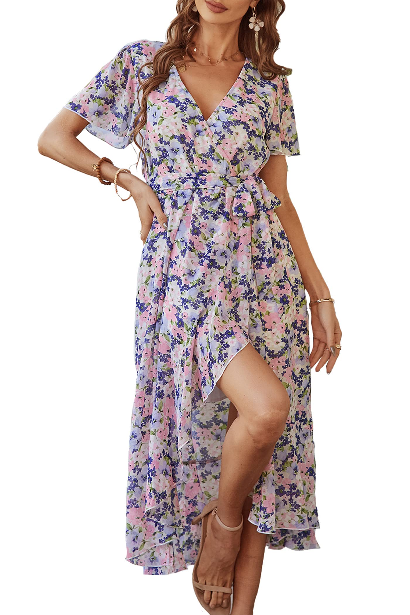 PRETTYGARDEN Women's 2023 Floral Summer Dress Wrap V Neck Short Sleeve Belted Ruffle Hem A-Line Bohemian Maxi Dresses