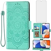 Asuwish Phone Case for Samsung Galaxy A14 5G Wallet Cover with Tempered Glass Screen Protector and Leather Flip Credit Card Holder Stand Flower Folio Cell Accessories A 14 4G 14A G5 Women Men Green