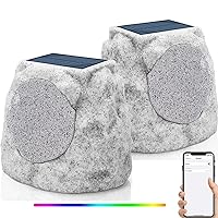 Rock Speakers Outdoor Waterproof Solar Set of 2 Rock Speaker Bluetooth Wireless Bass Solar Powered Garden Speakers with TWS Pair&RGB Colors&DC Charge for Outside Patio Deck BBQ