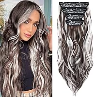Clip In Hair Extensions, 22 Inch Brown with Platinum Blonde Highlights 4Pcs Long Wavy Clip In Synthetic Hair Extension Thick Double Weft Clip-in Natural Hairpieces For Women (22 Inch, 8BH60, 180g)