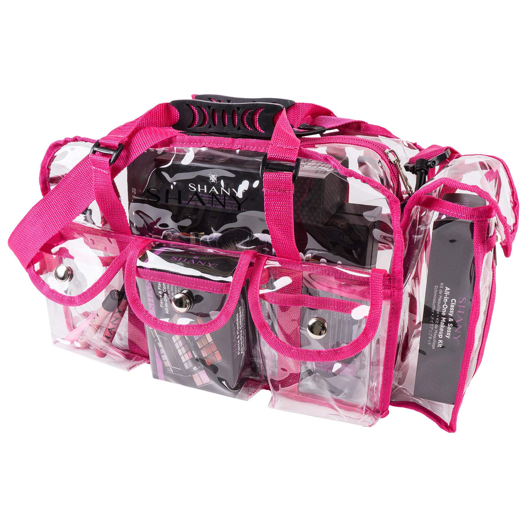 SHANY Clear PVC Makeup Bag - Large Professional Makeup Artist Rectangular Tote with Shoulder Strap and 5 External Pockets - PINK
