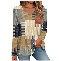Women's 2023 Fall Long Sleeve Cotton Tops V Neck Tunic Casual Loose Blouse Winter Trendy Print Sweatshirt Pullover
