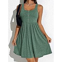 Dresses for Women - Button Front A-line Dress (Color : Green, Size : Large)