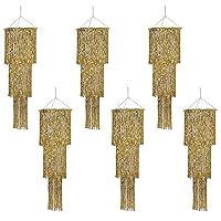 Beistle 6 Piece 4FT Three Tier Shimmering Metallic Plastic Tinsel Fringe Chandelier Hanging Photo Booth Backdrop for Birthday Party Engagement Anniversary Wedding Decorations, 4', Gold