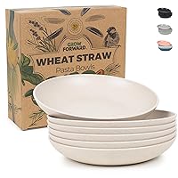 Grow Forward Premium Wheat Straw Pasta Bowls - 30oz Unbreakable Wide & Shallow Dinner Plate Bowls Set of 6 - Microwave Safe Reusable Plastic Pasta Bowls for Kids, Adults, Salad, Camping, RV - Sahara