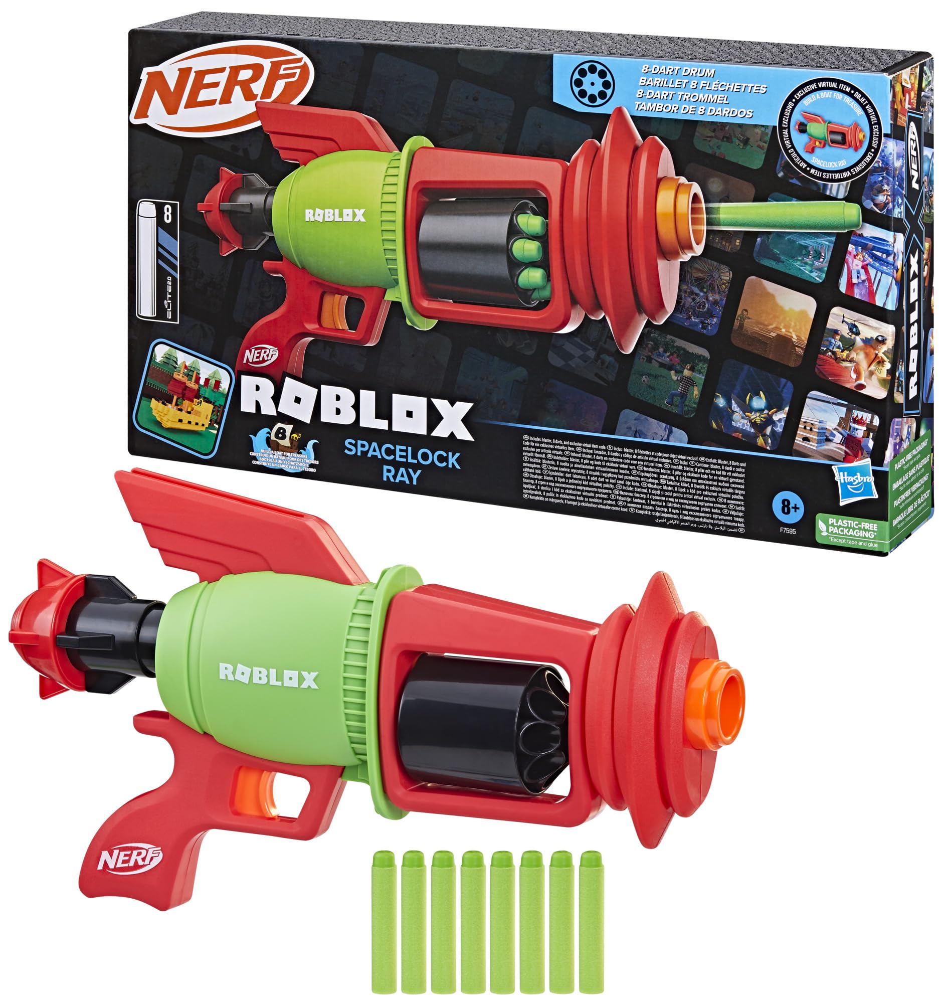 NERF Roblox Build A Boat for Treasure: Spacelock Ray Blaster, Includes Code to Redeem Exclusive Virtual Item, 8 Elite Darts
