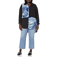 Avenue Womens Plus Size Electric Print Long Line Dress Shirt, Black Illusion