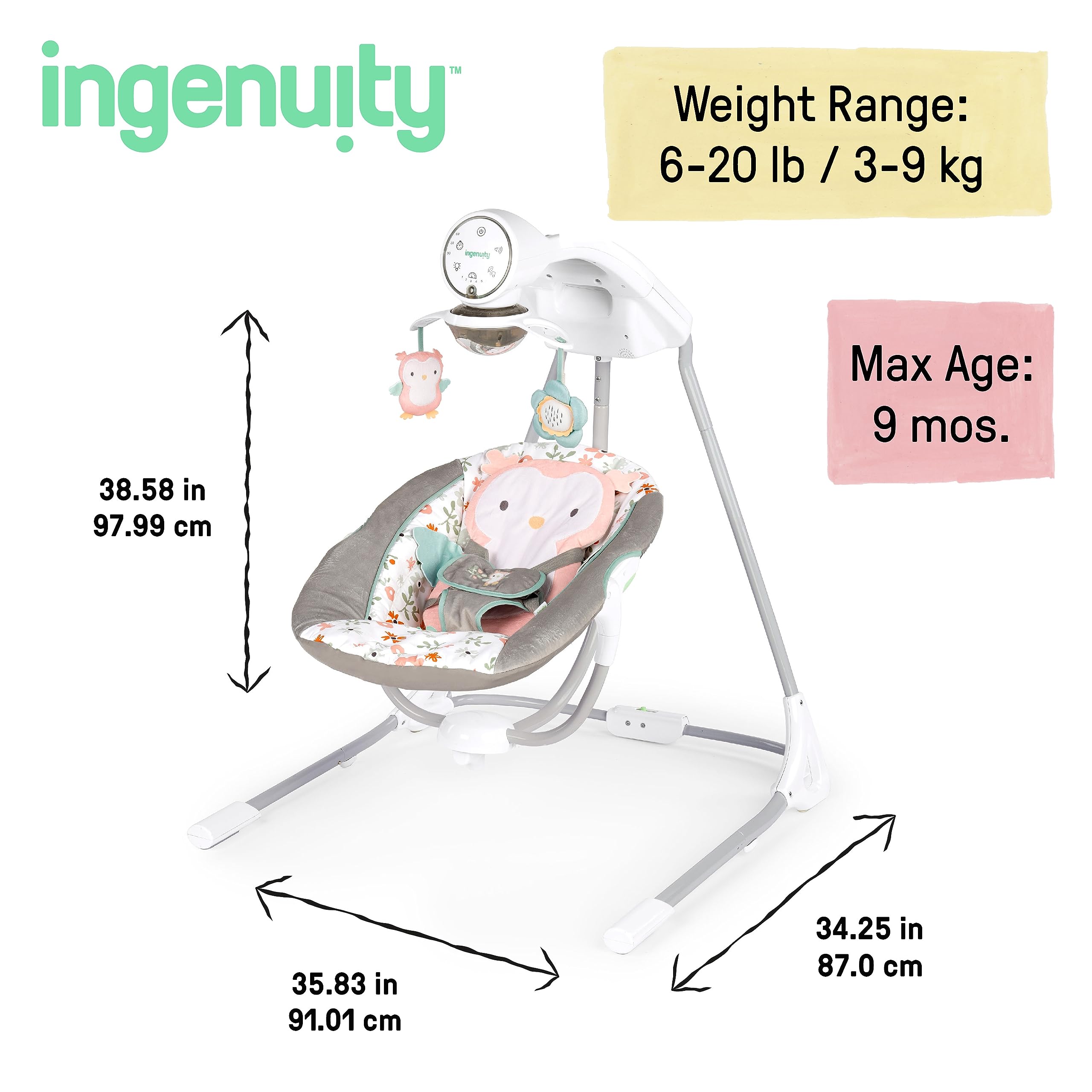 Ingenuity InLighten 5-Speed Baby Swing - Swivel Infant Seat, 5 Point Safety Harness, Nature Sounds, Lights - Nally Owl
