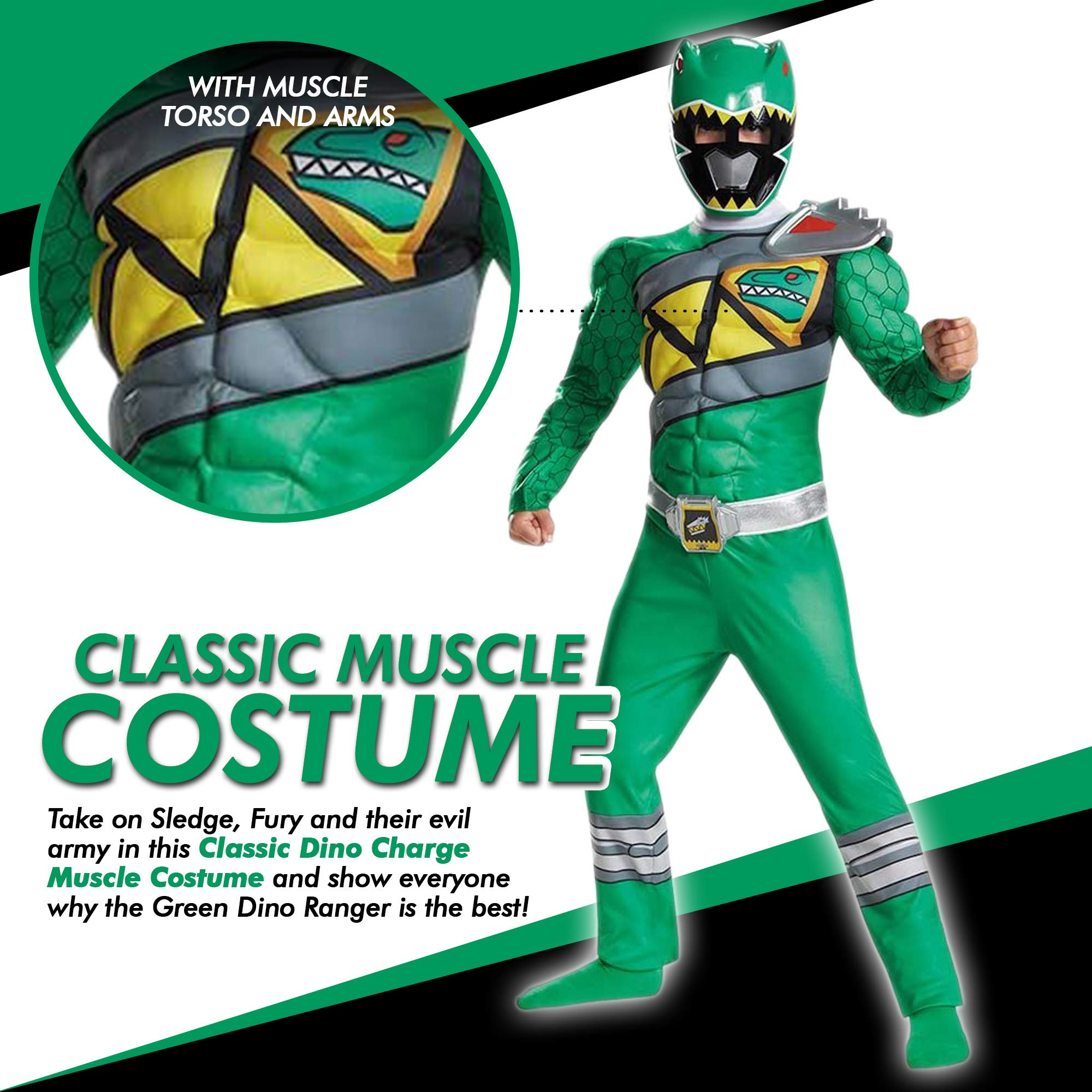 Green Power Rangers Costume for Kids. Official Licensed Green Ranger Dino Charge Classic Muscle Power Ranger Suit with Mask for Boys & Girls, Medium (7-8)
