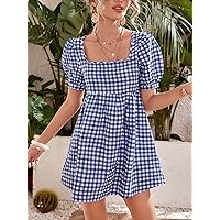 Dresses for Women Women's Dress Puff Sleeve Buffalo Plaid Smock Dress Dresses (Color : Blue and White, Size : Large)