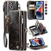 Defencase for iPhone 14 Wallet Case, for iPhone 14 Case Wallet for Women Men, Vintage PU Leather Magnetic Bukckle Flip Closure Wrist Strap Zipper Card Holder Phone Cases for iPhone 14, Luxury Coffee