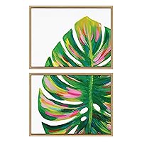 Sylvie Monstera 1 and 2 Framed Canvas Wall Art Set by Jessi Raulet of Ettavee, 2 Piece 18x24 Natural, Colorful Plant Leaf Art for Wall