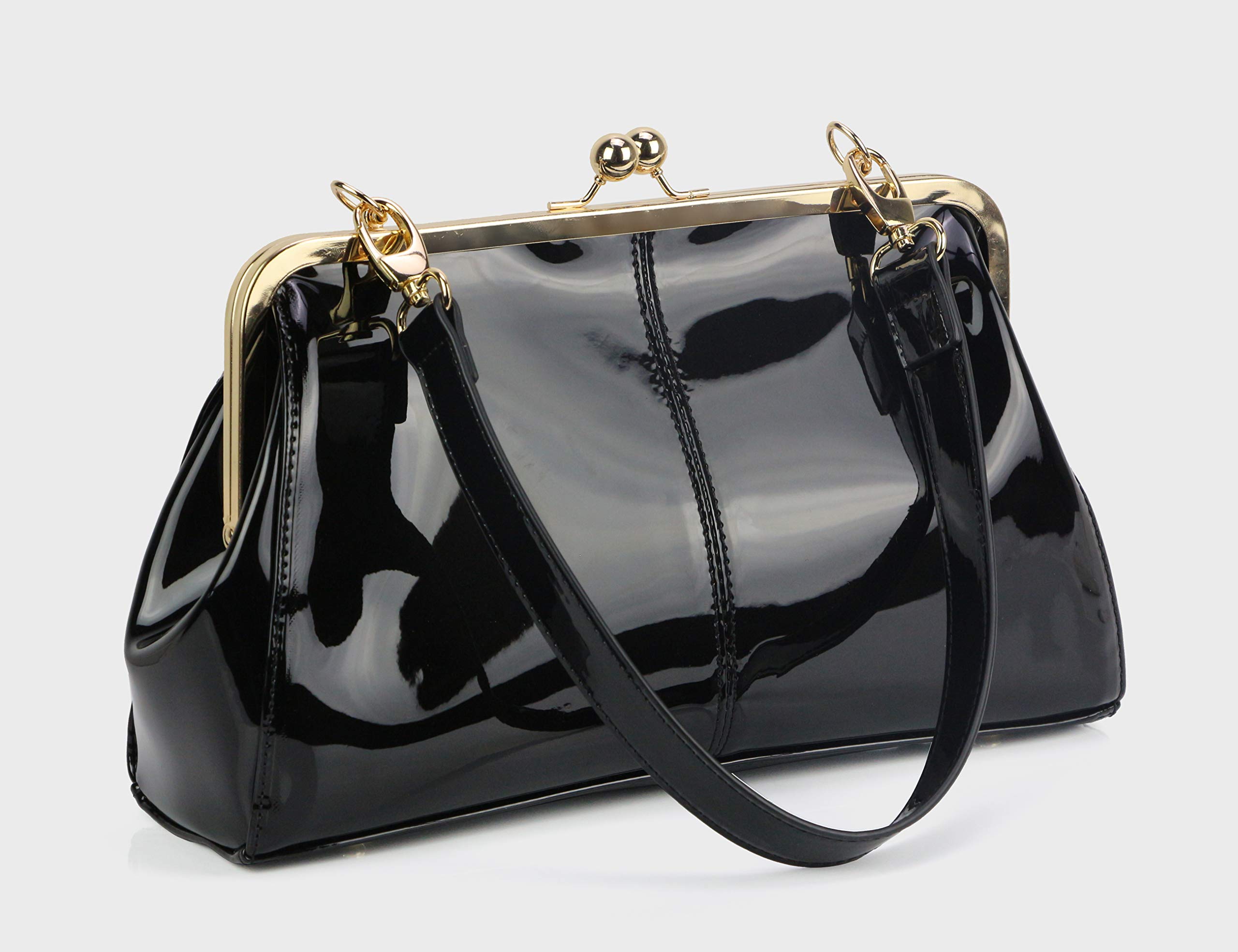 Vintage Kiss Lock Handbags Shiny Patent Leather Evening Clutch Purse Tote Bags with Two Straps