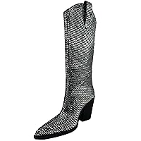 ARIDER GIRL Kokie Women's Knee High Rhinestone Embroidery Stacked Leather Heel Pull-On Style Western Cow Suede Boots, Black Silver, 8 UK