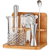 Crystal Cocktail Mixing Glass Set with Bamboo Stand - 22 Oz 650ml - Thick and Sturdy Bottom, Durable and Seamless Design with Bar Accessories