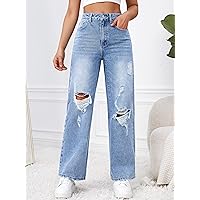 Jeans for Women Pants for Women Women's Jeans Ripped Wide Leg Jeans (Color : Light Wash, Size : W30 L32)