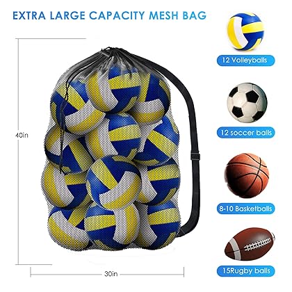 BROTOU Extra Large Sports Ball Bag Mesh, Basketball Bags Team Balls, Adjustable Shoulder Strap, Team Work Ball Bags for Holding Soccer, Football, Volleyball, Swimming Gear (30” x 40”)