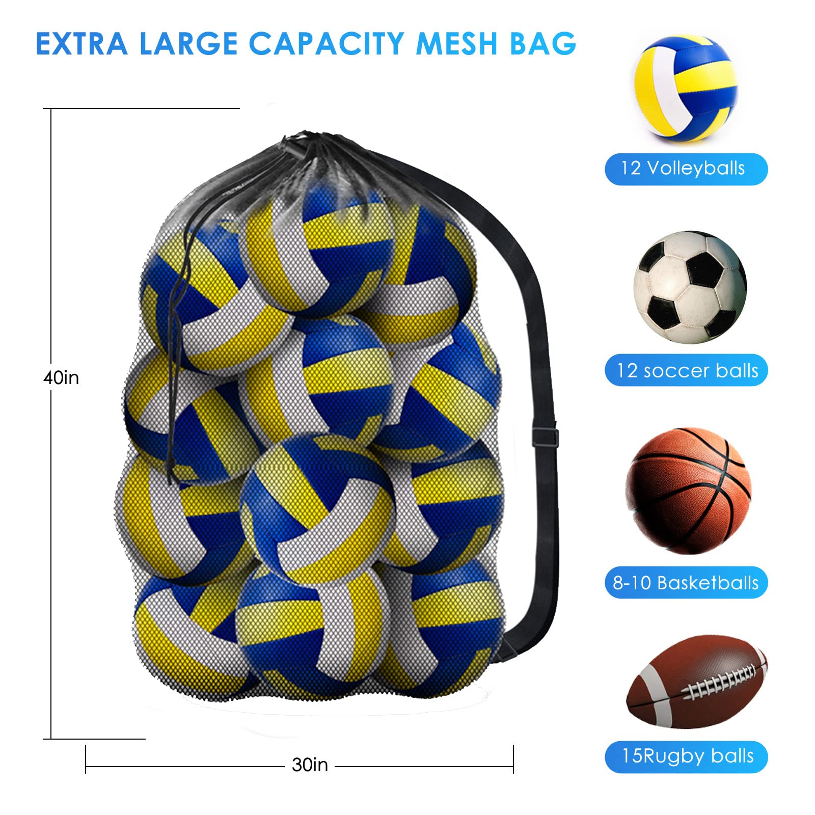 BROTOU Extra Large Sports Ball Bag Mesh, Basketball Bags Team Balls, Adjustable Shoulder Strap, Team Work Ball Bags for Holding Soccer, Football, Volleyball, Swimming Gear (30” x 40”)