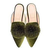 Fericzot Slip On Mule Backless Loafers Flats Puff Pompom Pointed Toe Casual Shoes Slippers