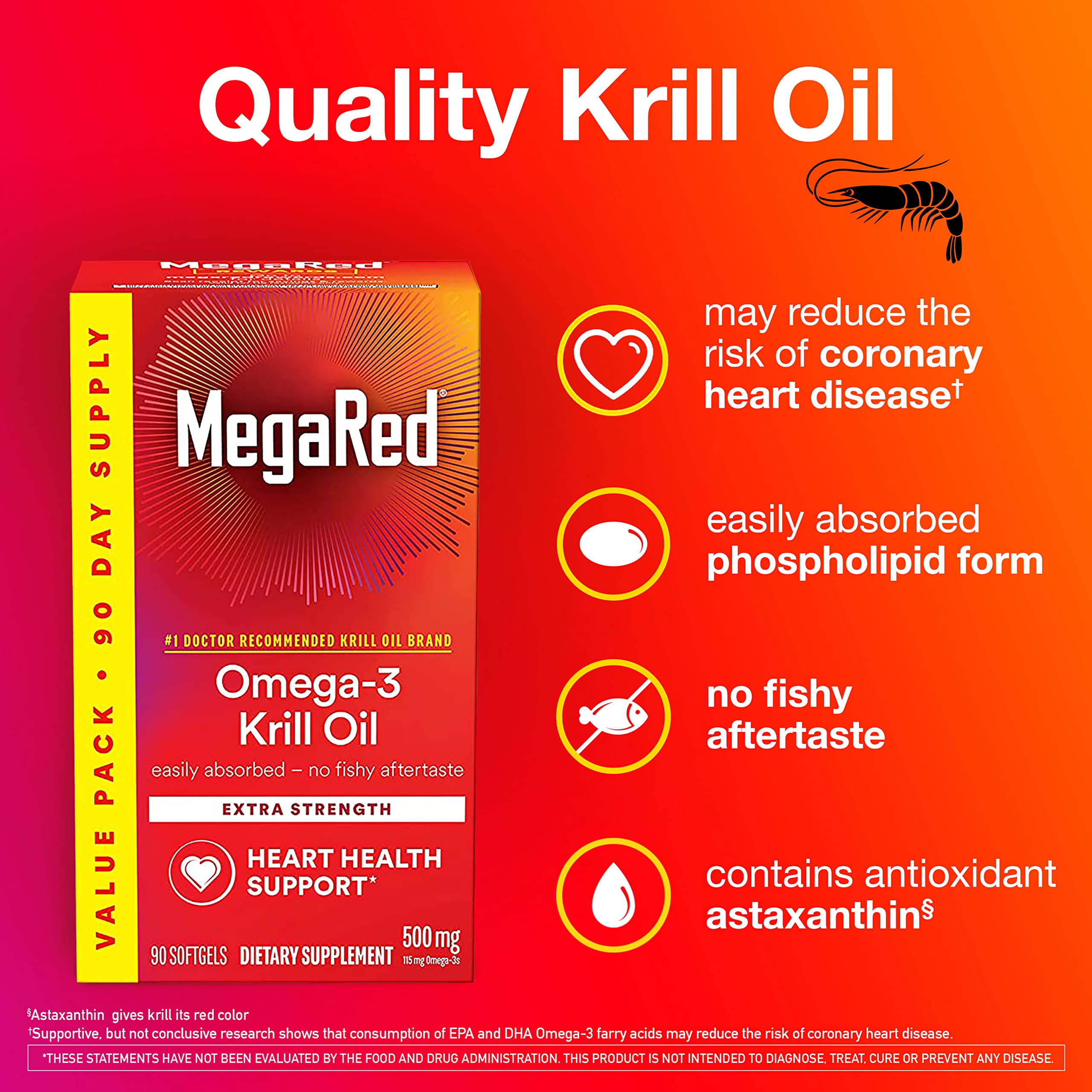 Antarctic Krill Oil 500mg Omega 3 Fatty Acid Supplement, MegaRed Extra Strength EPA & DHA Softgels (90cnt box), Antioxidant Astaxanthin, Heart Health Supplement With No Fish Oil Aftertaste