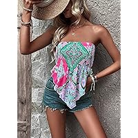 Women's Tops Sexy Tops for Women Women's Shirts Floral Print Shirred Detail Hanky Hem Tube Top (Color : Multicolor, Size : Small)