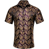 Hi-Tie Purple and Gold Silk Shirts for Men Short Sleeve Jacquard Silk Button Down Regular Fit Shirt Party Prom Business(2X-Large)