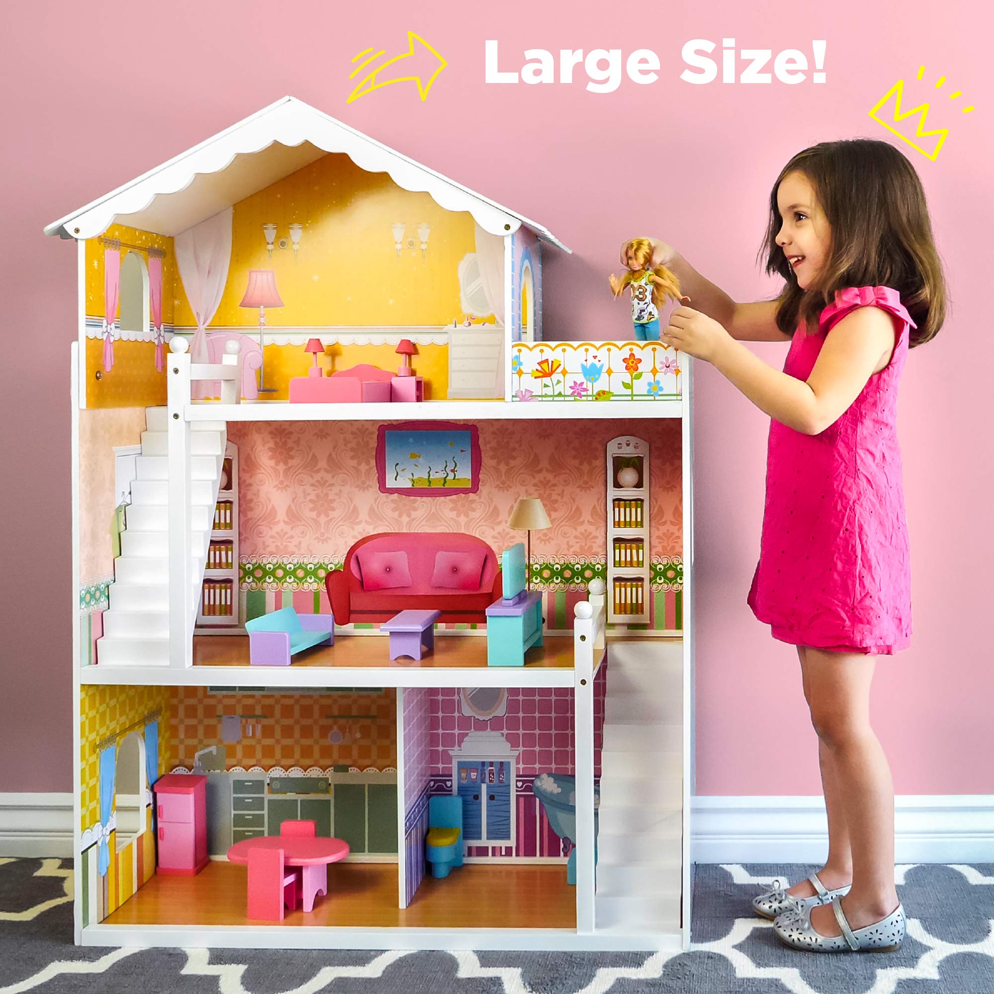 Best Choice Products 44in 3-Story Wood Dollhouse Mansion Playset, Large Open Pretend Play w/ 5 Colorful Rooms, 17 Furniture Pieces, Compatible w/Major Brands
