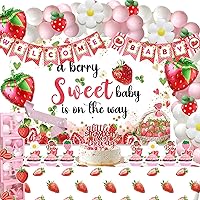 152 PCs Strawberry Baby Shower Decorations Girl, Fiesec A Berry Sweet Baby is On The Way Baby Shower Decorations Backdrop Banner Balloon Garland Tablecloth Cake Cupcake Topper Box Cutout Sash