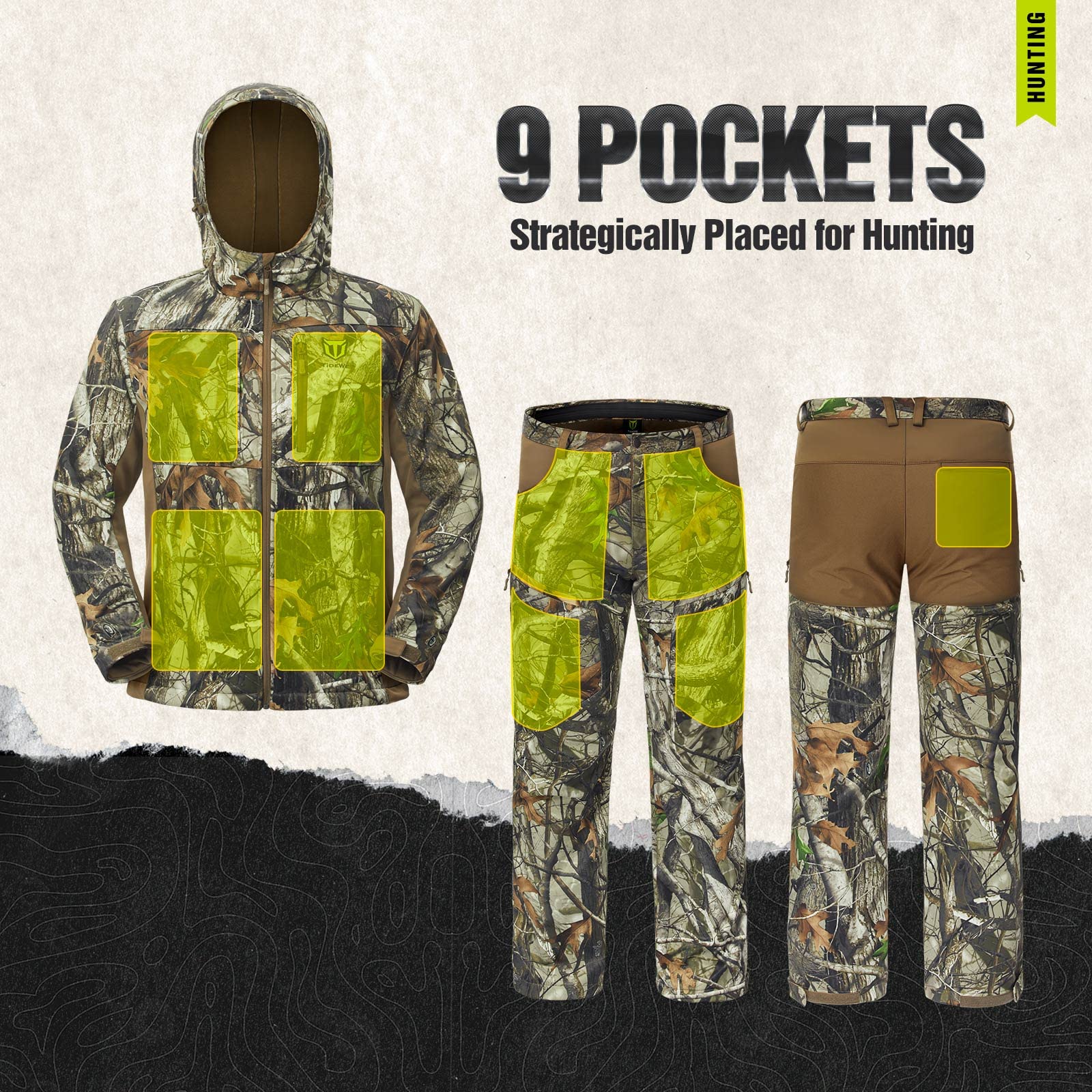 TIDEWE Hunting Clothes for Men with Fleece Lining, Safety Strap Compatible Water Resistant Silent Hunting Jacket and Pants