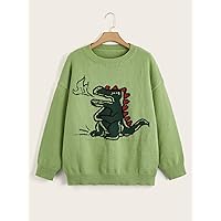 Women's Sweaters Plus Dinosaur Pattern Drop Shoulder Sweater Women for Sweaters (Color : Lime Green, Size : XX-Large)