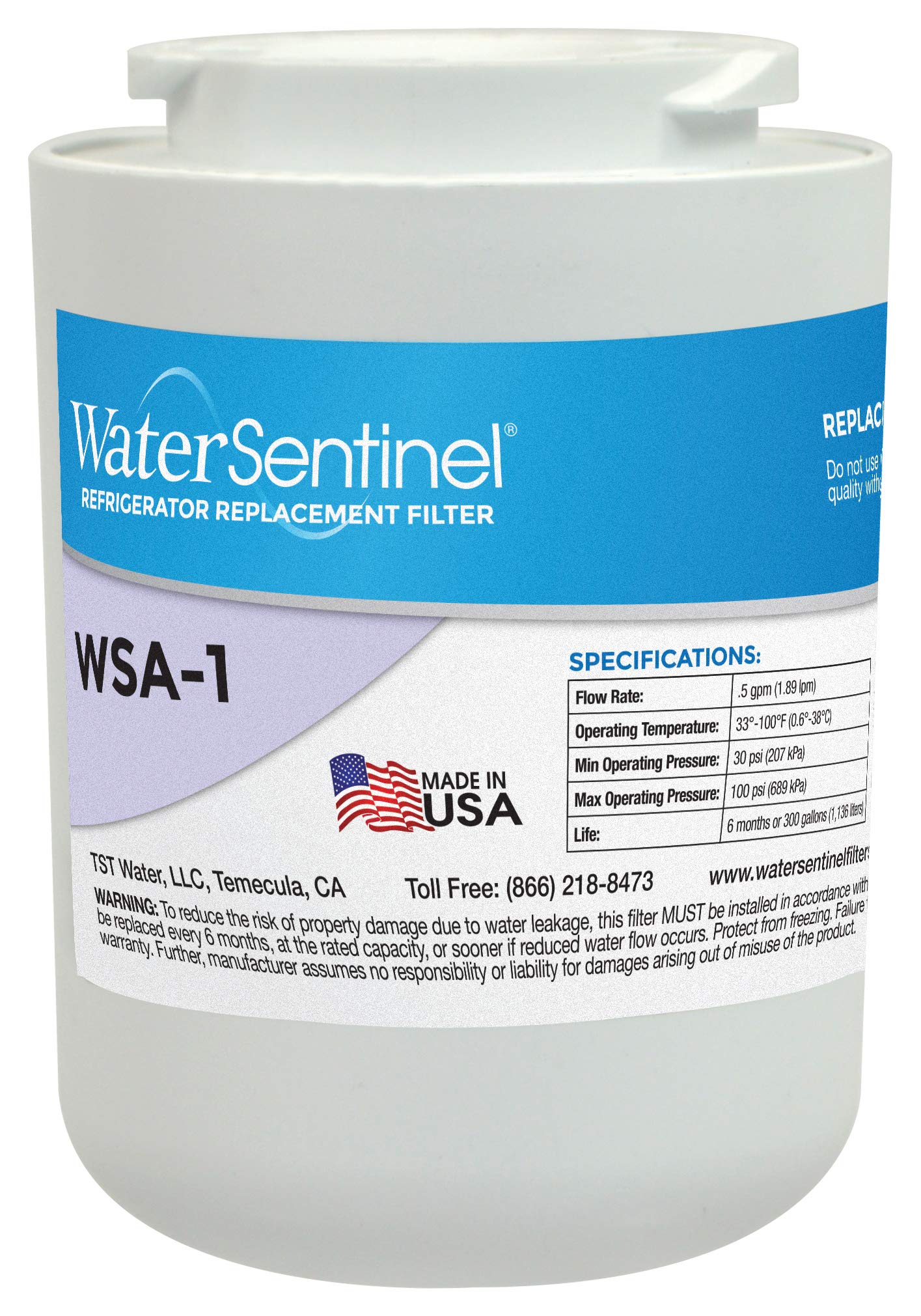 WaterSentinel WSA-1 Refrigerator Water Filter Replacement for Drinking Water Filtration, Fits Amana WF30, WF40, WF401, Sears Kenmore 46-9014, and more, Carbon Block