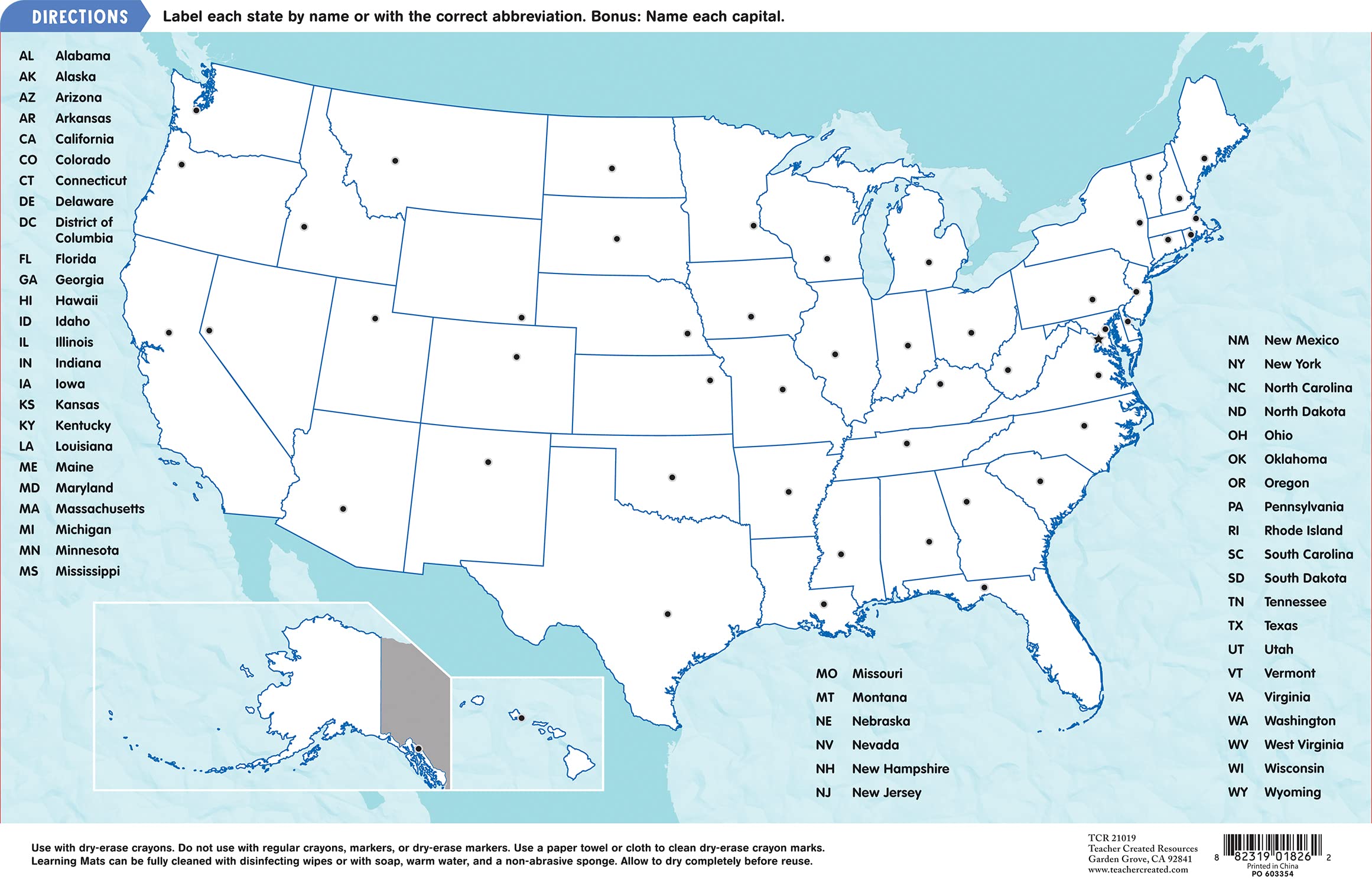 United States of America Map Learning Mat