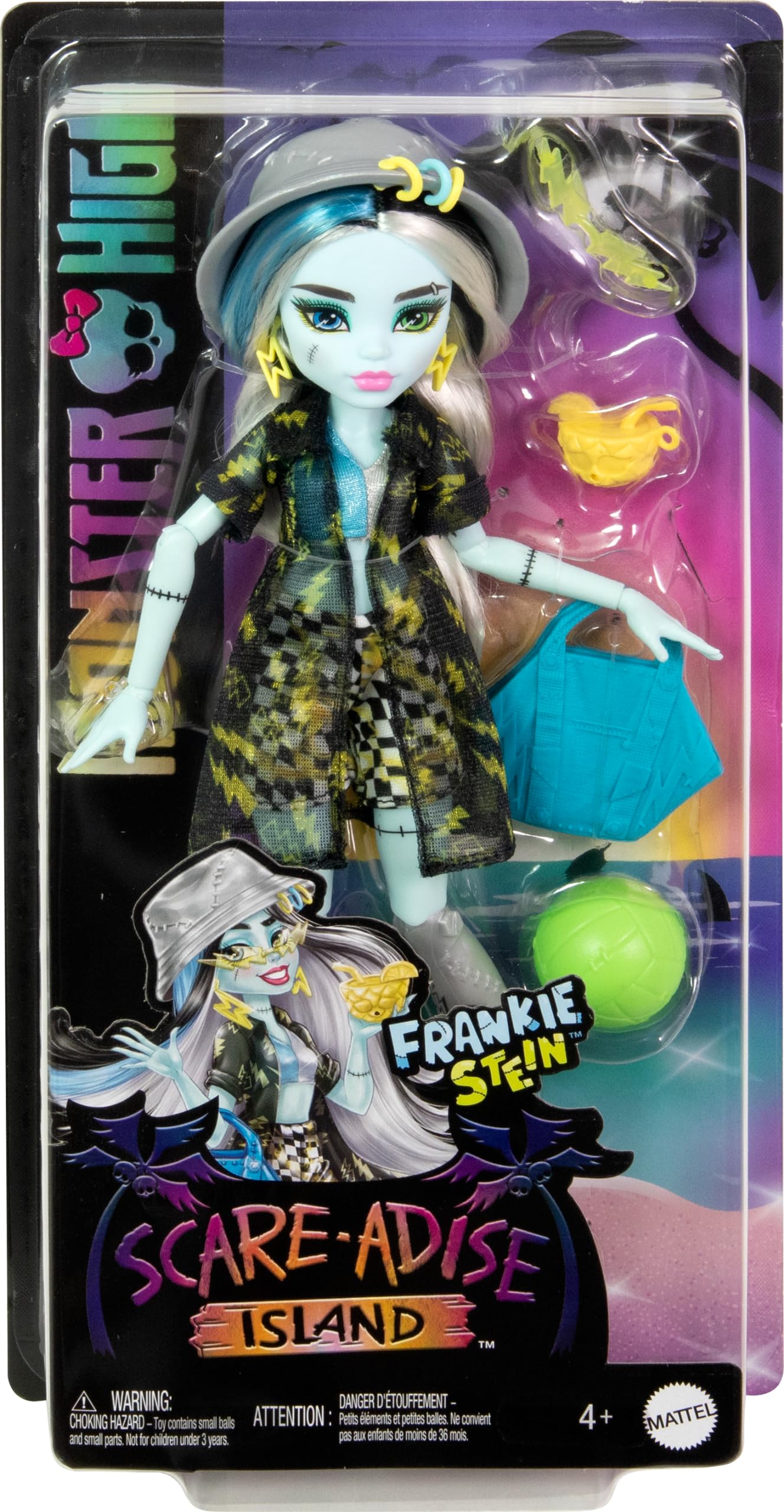 Monster High Scare-adise Island Frankie Stein Doll with Swimsuit, Coverup and Beach Accessories Like Hat, Volleyball and Tote