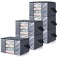 90L Durable Storage Clothing Bags - Storage Containers Clothes Organizer with Reinforced Handle Sturdy Woven Fabric for Blankets, Bedding, Collapsible with Zipper, 6 Pack, Grey