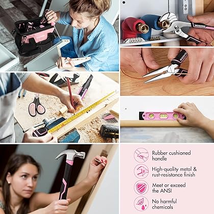 WORKPRO Pink Household Tool Kit with Drill, 157PCS Women Pink Tool Set with 20V Cordless Lithium-ion Drill Driver, Home Tool Kit for All Purpose, Power Drill Sets with Pink Tool Bag - Pink Ribbon