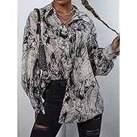 Womens Summer Tops Random Print Bishop Sleeve Blouse (Color : Multicolor, Size : X-Small)