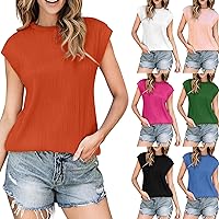 Womens T Shirts Cap Sleeve Textured Summer Tops Casual Basic Short Sleeve Shirts Solid Color Crew Neck Blouses